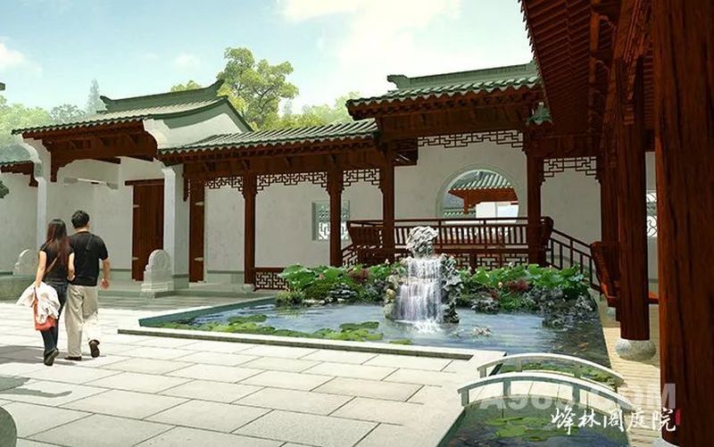 中式庭院建筑内庭院景观效果图