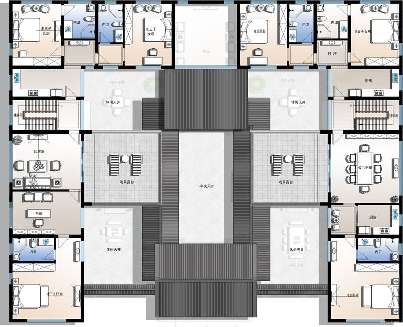二层平面布置图
二楼有三个小家庭的独立空间，相对私密的布局便于各个小家庭休息。与露台相连的公共大书房，便于大家聚在一起交流学习。

二楼的两个露台位于房屋中心天井的南北二侧，而露台的东西二侧也是二个侧向天井。立于露台上方，可以与整个主体建筑的90%室内空间的人进行对话…为家人在一起交流沟通非常方便。当然，当西晒的露台也是家里老人晾晒干菜的好地方。