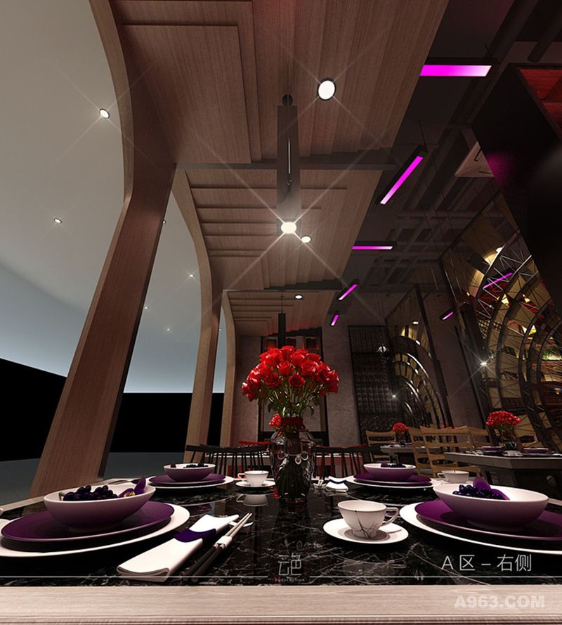 这间餐厅位于湛江，餐厅是按照中国文化设计，风水布局的使用使得每一部分都产生联系，细微的部分，比如红筒、旧船、凤凰屏风和铜丝聚光灯等都能看出中式元素。主要的用餐区是35座的公用餐桌，可以看到开放式烧烤区和凉菜间厨房。长长的天花上是引人注目的船入水的雕塑，每一条铜丝就像浪花起伏。入门前景造型从竹林获得灵感，在整区域上空设计了四方架子结构，横纵交错的金属条带来工业风格。
