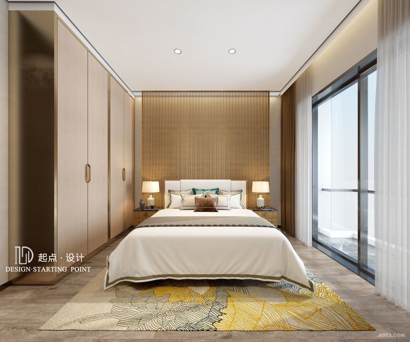 宽敞舒适的大床可以为人提供一个舒适的休憩空间，米色的床具显得干净整洁，浅棕色床旗兼具品质感。

衣柜的设计也是一处亮点，金属漆的质感低调而不失奢华，也提供了一份光影美感。