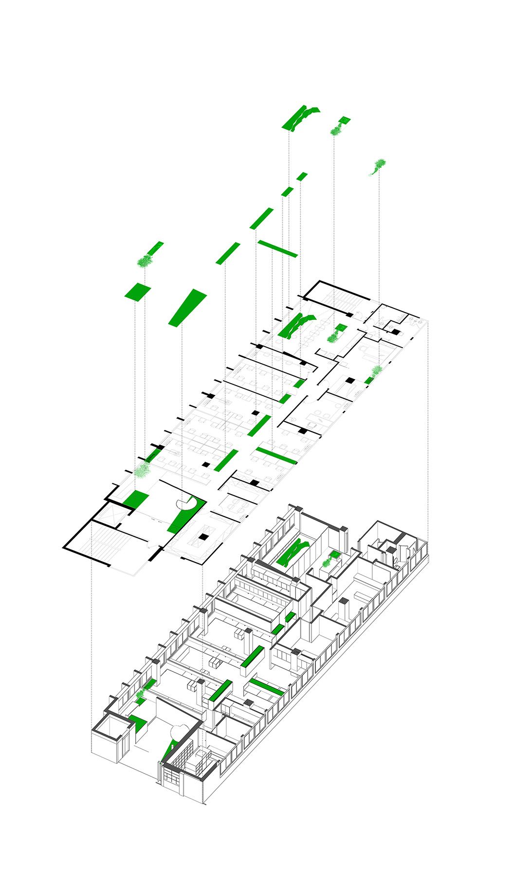 办公室现址立体平面图
绿色块代表绿色景观布置位置

在新办公室的设计中，本则设计把庭院景观沿着内部流线渗透到空间的每一个角落之中，营造出办公室的内部“园林”，做到移步换景的效果，也从真正意义上打造出充满灵性和诗意的办公空间。