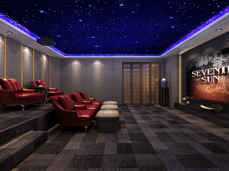 影音室：星空顶的设计让我们看电影的同时让自己有身临其境之感。红色皮质沙发的采用让整个空间显得高大尚。