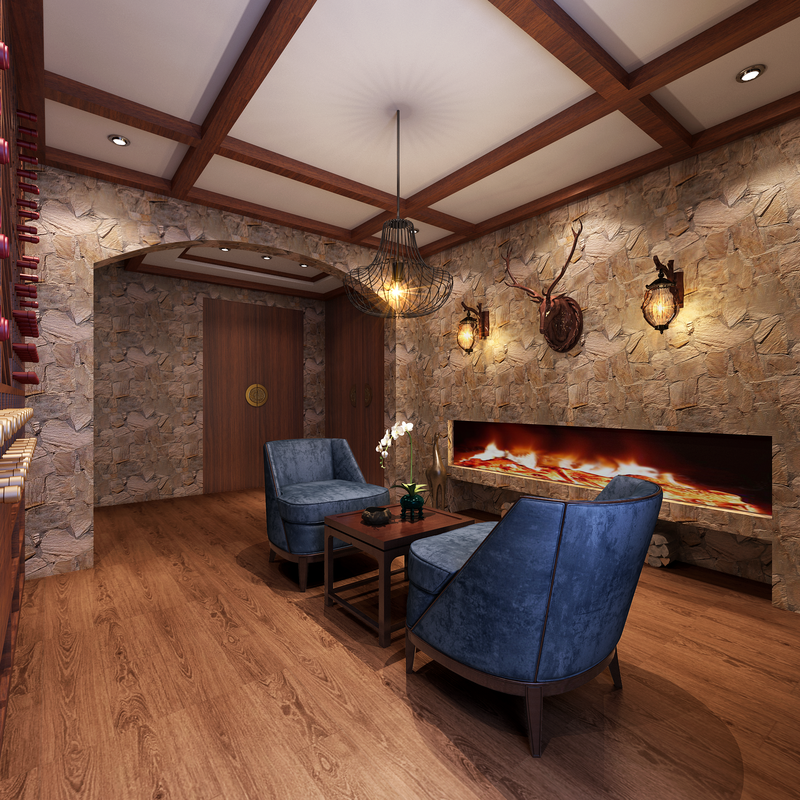 酒窖墙面的选用为石材，多以木材作为装饰，让整个空间古香古色。壁炉的选用，让业主在冬天饮酒时也会显得很惬意。舒适感十足。