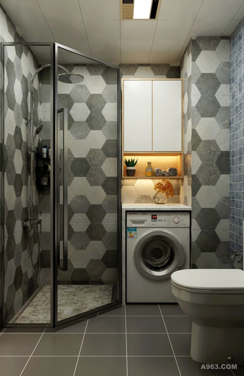 合理设计把洗衣机也放置在卫生间，让整个家居更洁净。