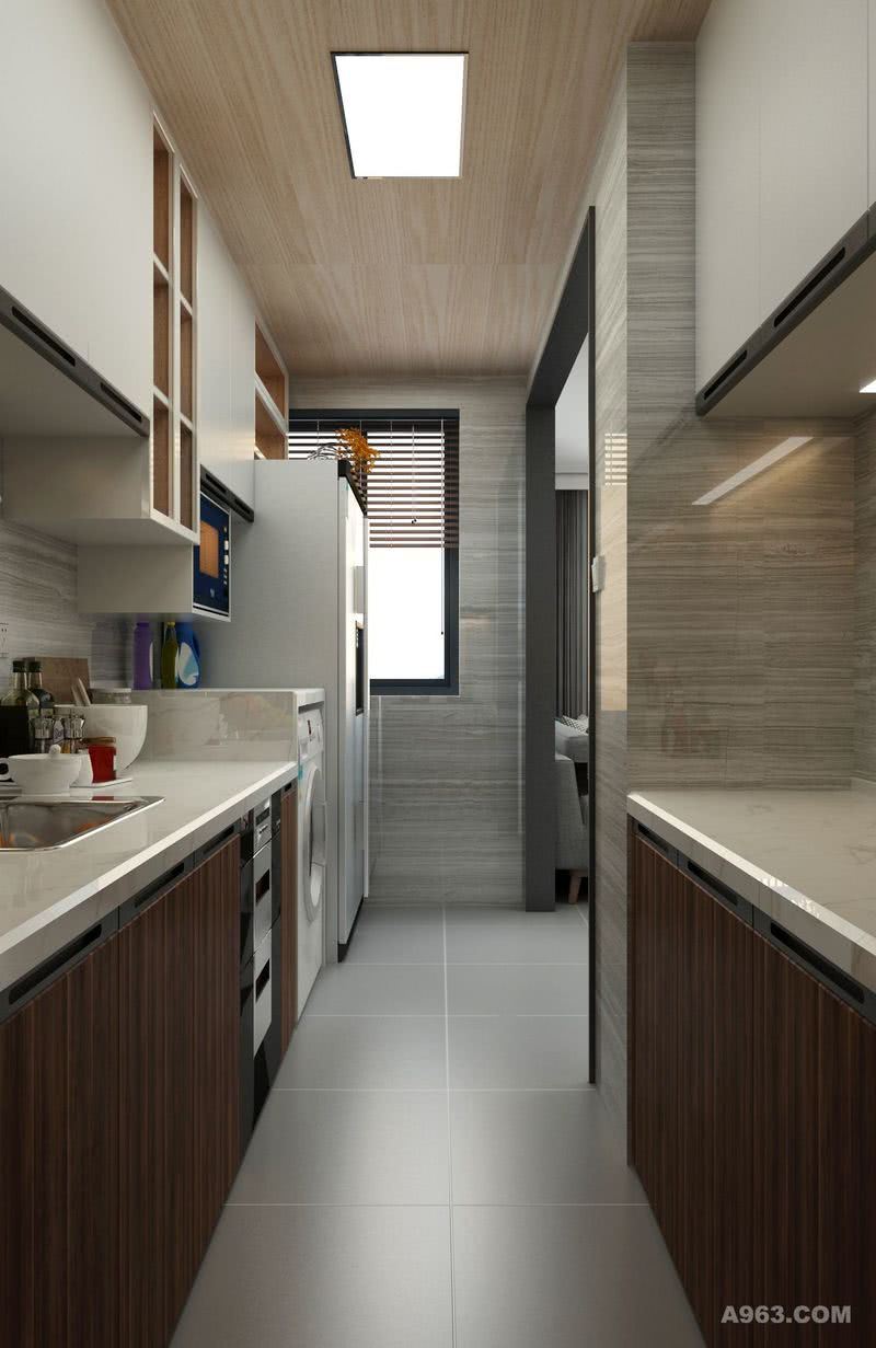 合理规划厨房区域，把冰箱和洗衣机都纳入其中，虽然会遮挡部分光线，但是最大限度地提高了空间利用率。