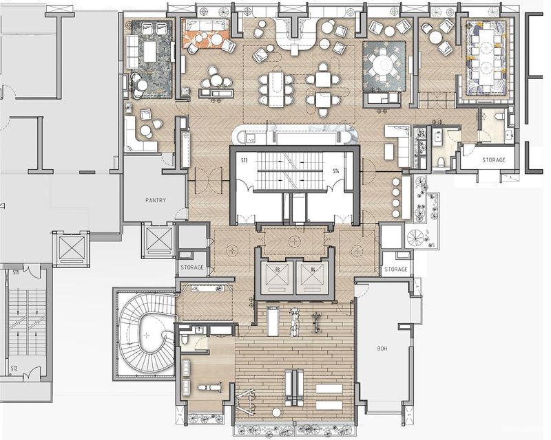 四层平面图：公寓的公共活动空间位于四层，由原本的 4-5 个房间的建筑结构贯通成为一个环绕核心筒的大空间，主要分成两个部分，一是靠近大堂楼梯，位于电梯背面的健身房；另一边则是包含了简餐、茶室、休憩、阅读、会客和会议等多元功能的公共起居室。