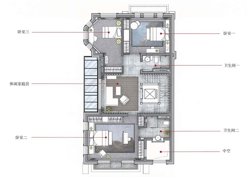 二层：此层设有三间卧室、两个卫生间及休闲家庭房。