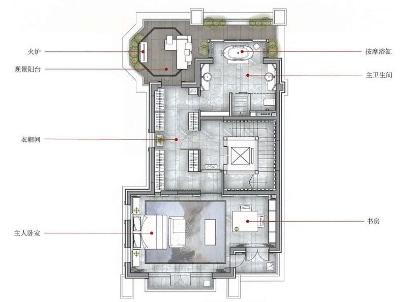 三层：此层设有主卧室、带有按摩浴缸的主卫生间、书房、衣帽间及观景阳台。