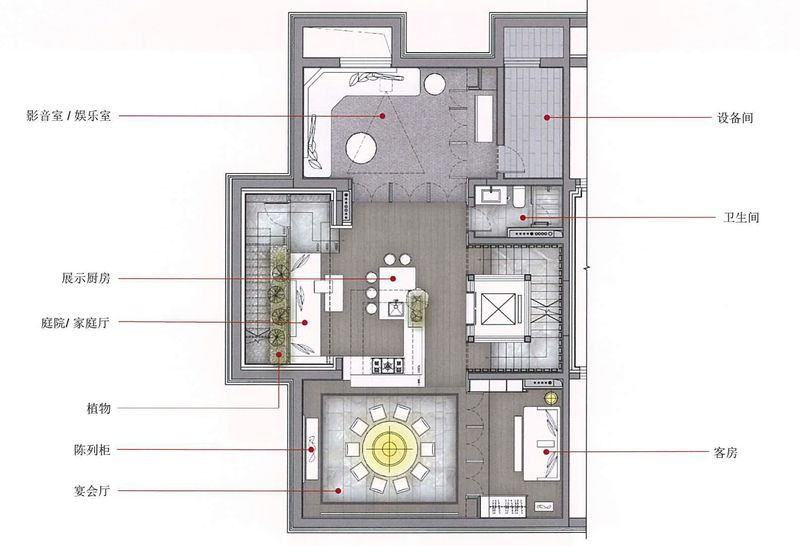 地下一层：配合现代中式的设计理念，此层设有独特的庭院、开放式厨房、宴会厅、客房及影音室。