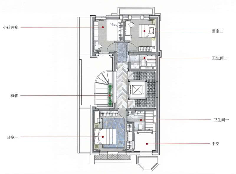 二层：设有两个连卫生间的卧室和一间小孩睡房。