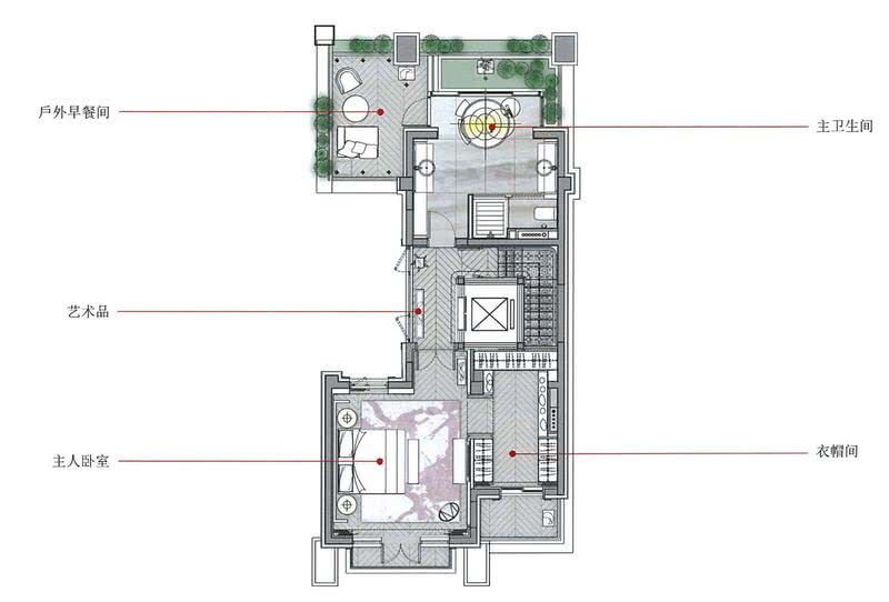 三层：设有主卧室、主卫生间、衣帽间和户外早餐间。