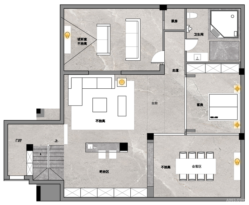 户型图：一层主要房间布局，客厅.会客室.试听室.客房.卫生间。