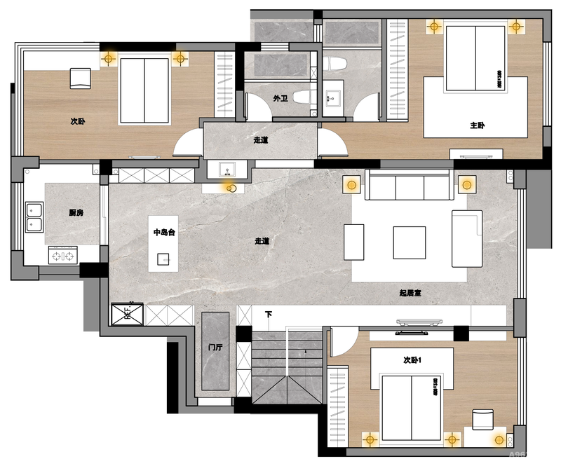 户型图：二层主要房间布局，1个客厅.2卧室.2卫生间,1个厨房。