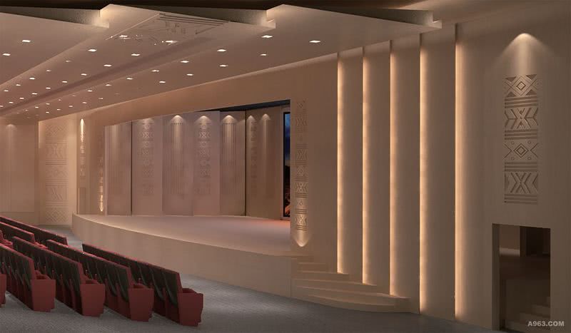 舞台设计效果图
舞台的屏风设计，取代原本的幕布。既能阻隔观众看到后台的视线，又能装饰舞台空间。倾斜折叠的屏风排列于天花墙身的造型相呼应。