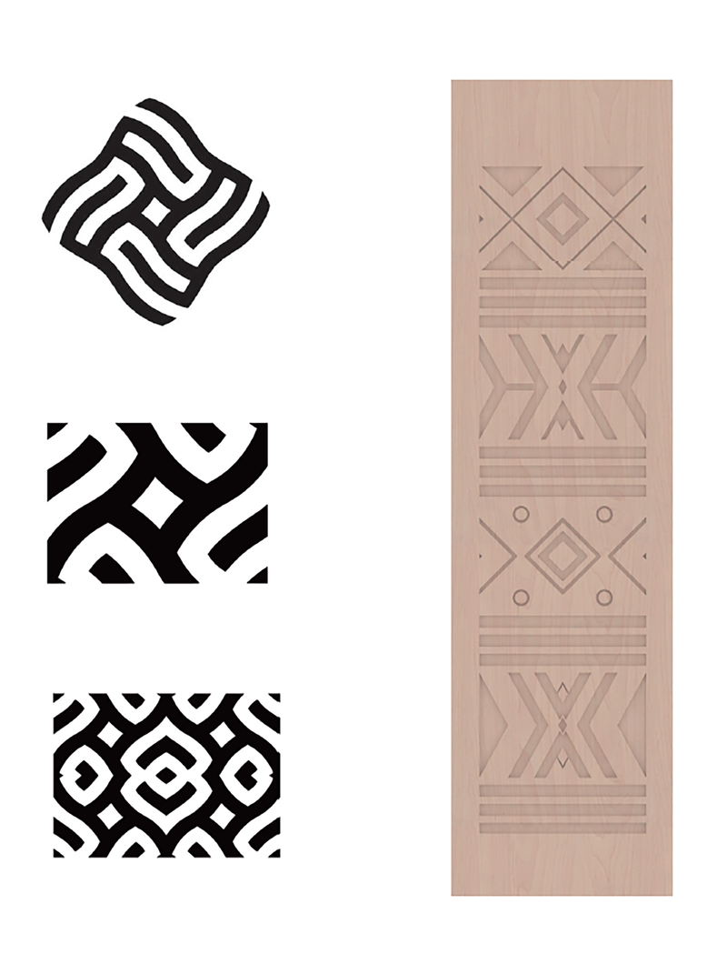 纺织文案设计：
图案以传统的纺织图案为基础，结合学院LOGO重新设计。通过菱形的各种结构重组、规律排布，形成编织图案。