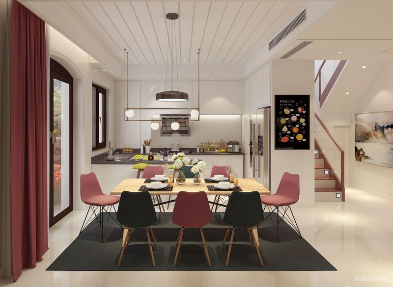 开放式厨房的设计在为空间增添交互性的同时，也从装饰性上对区域进行了明确的划分。用早餐的吧台,一家人正餐的餐桌，中西餐的操作区......多处空间形成更大的互动性。