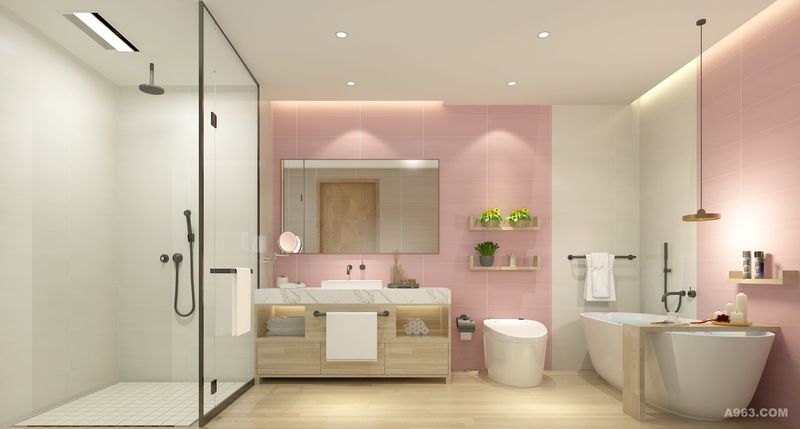 马卡龙色的墙砖，简约线条的淋浴房，带动出空间明朗的节奏。浴缸区域的装饰层板，让原本沉静的空间，多了几分活络气氛。