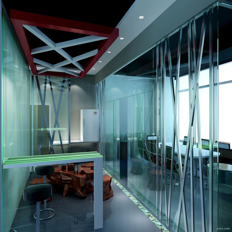 休闲区运用了大面积的玻璃隔断配合上交叉的线条造型做装饰，使得整个空间充满了高级感。