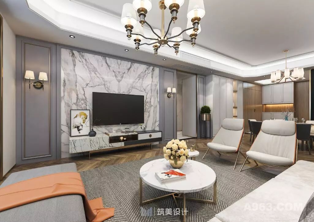 客厅部分以现代简约风格为基调
诉求简练、沉稳、舒适的调性
使居家空间回归自然纯粹的姿态
金色的门套及家具配饰
作为空间的色彩点缀不失时尚感