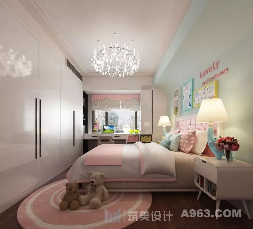 两个女儿房间的色调基本一致
大女儿年纪稍大
设计师在设计的时候
贴心的将她的房间背景墙设计为浅绿色
配上白色的柜子
粉色的地毯
仍能满足女孩子的童话梦想