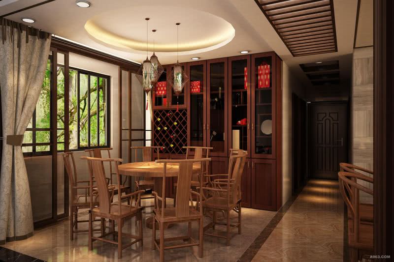圆顶餐厅，搭配圆形餐桌，营造简约的中国风。