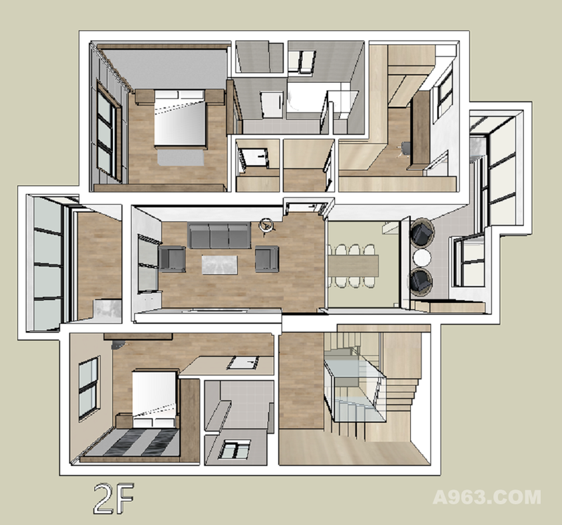 二楼3D效果图
二楼空间是父母的休息和休闲的空间，包含了一个客卧，二楼也有单独的会客室，同时有部分挑空到一楼餐厅，空间上也比较大气。