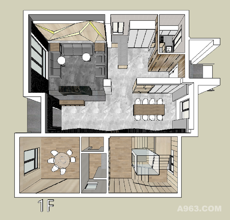 一楼3D效果图
一楼空间主要是活动公共空间，客厅、中西结合的餐厅，厨房。