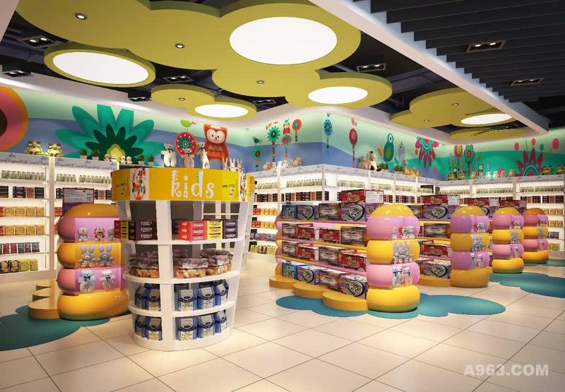 儿童区彩色的墙面、地面，特色造型的货架是孩子们的乐园，整体色调清新活泼，让人心情愉悦。