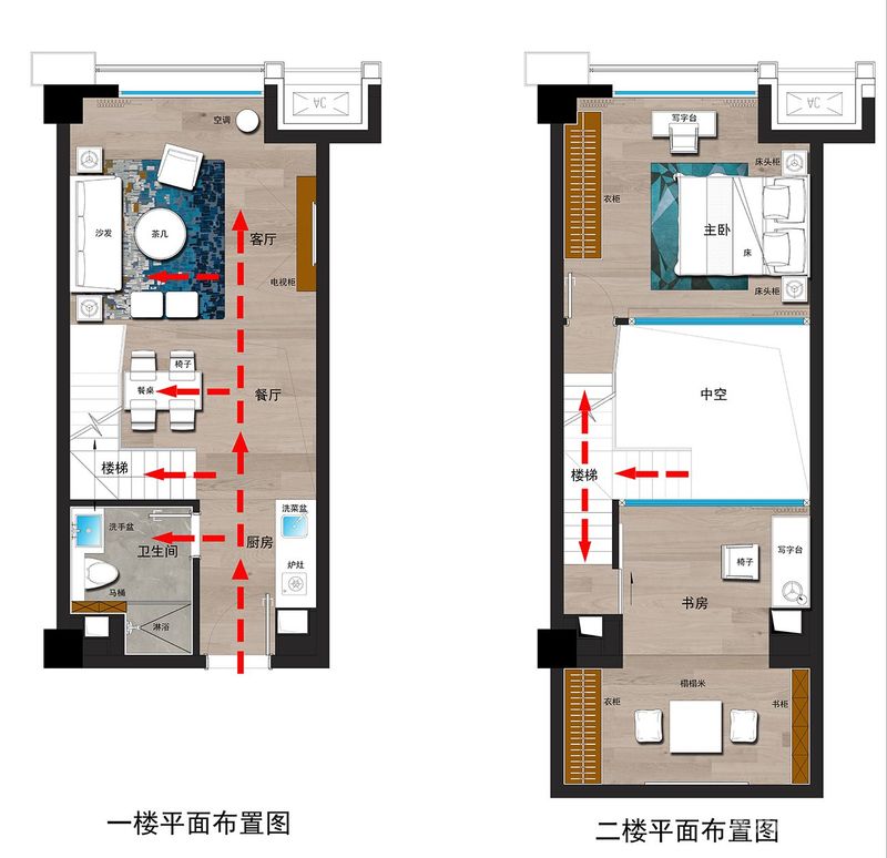 户型分析;进深8.6米，宽度3.8米，套内面积32.6平方，层高4.5米，一面采光，采光是个很大的问题。
设计师梁桓彬根据年轻人群刚需要的小面积LOFT产品，功能上设计有厨房，卫生间，餐厅，客厅，主卧，书客房。只有32.6平方的2房2厅1卫的产品是很有竞争的产品。
很多产品在中空位会有一个廊桥连接二楼两个卧房，在本案中设计师为了缩短交通路线，增加中空采光面积，设计了“丁”字楼梯。
小户型的动线上尽量缩短，能最快到达各个功能区域，不要把有限的面积用在交通路线上。
