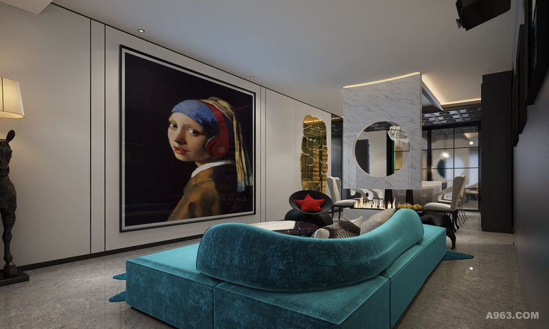 在空间中可以看到最具未来感的视觉元素和Roberto Cavalli 的组合艺术。在客厅多处运用了新材料的研发和简约墙板设计，搭配全新设计理念的Edra-Cabana高奢家具在彰显身份的同时，也带来了未来感和轻松惬意。