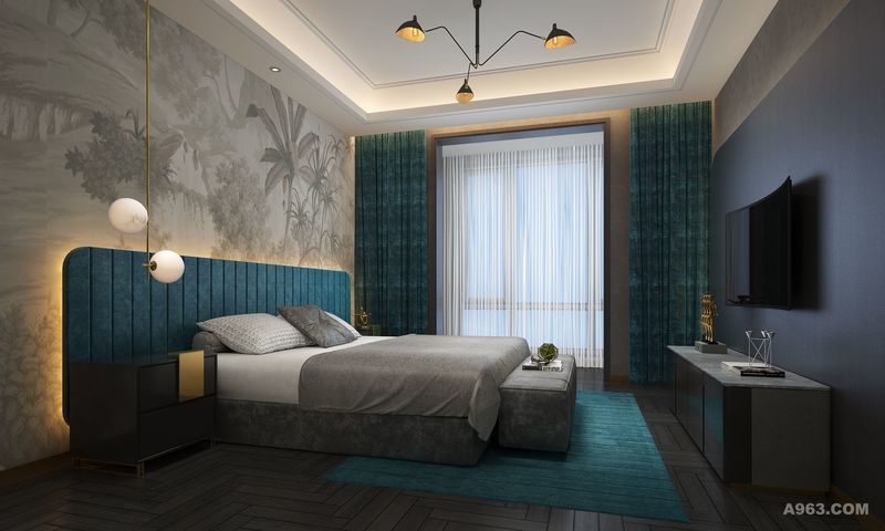 作为私密空间，卧室的设计要在功能性和美观性之间找到平衡。高级灰与孔雀蓝低调沉静的结合，带动极具韵律的空间波动，高贵清冷间带着温婉娴静的气息。柔和的光线下，金色灯饰点缀必不可少。