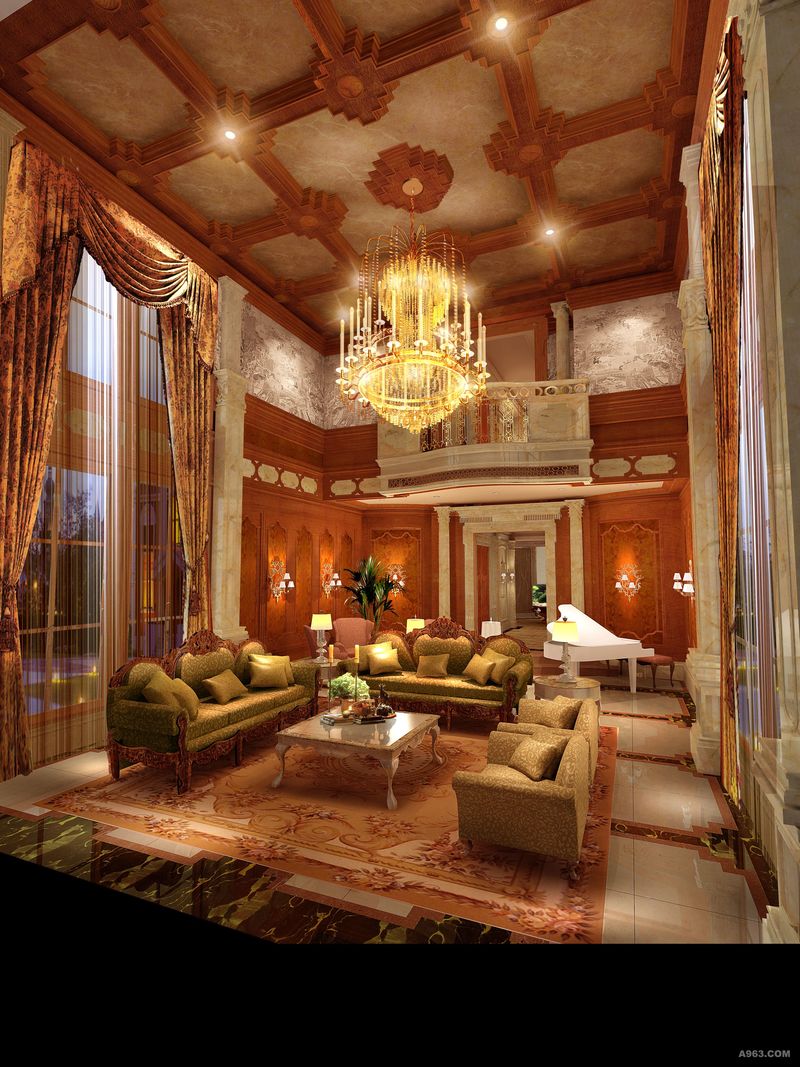 挑空的客厅采用了欧式古典的装修风格极尽奢华之美感，大量了采用了天然的石材和木材，工匠们更是精雕细作