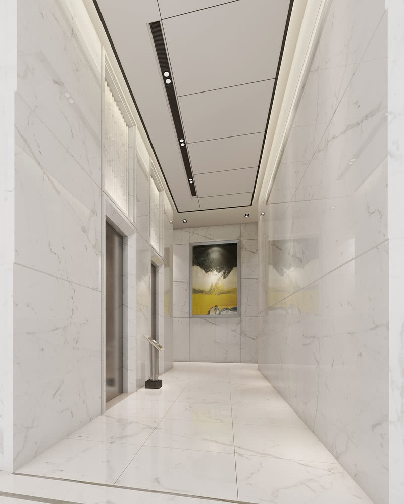 电梯厅延续大堂的布置风格，电梯上方增加石材细节造型，与建筑外立面造型形成呼应，顶面黑镜钢线条增加细节质感。