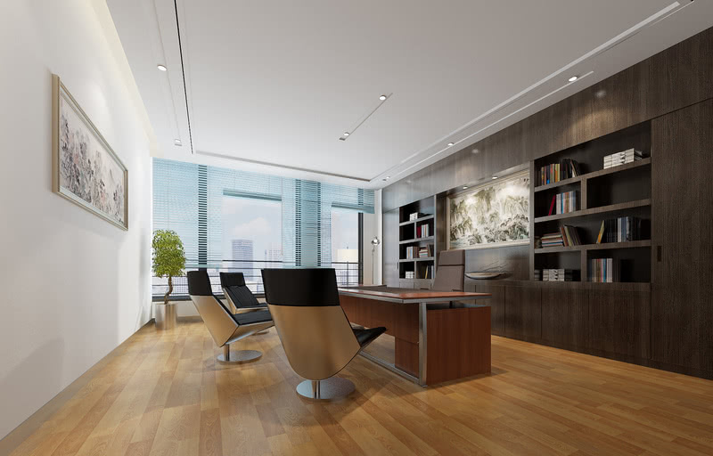 总经理办公室用实木复合地板增加办公室的高档感，墙面木饰面书柜增加储物空间。整个空间造型简洁，舒适。