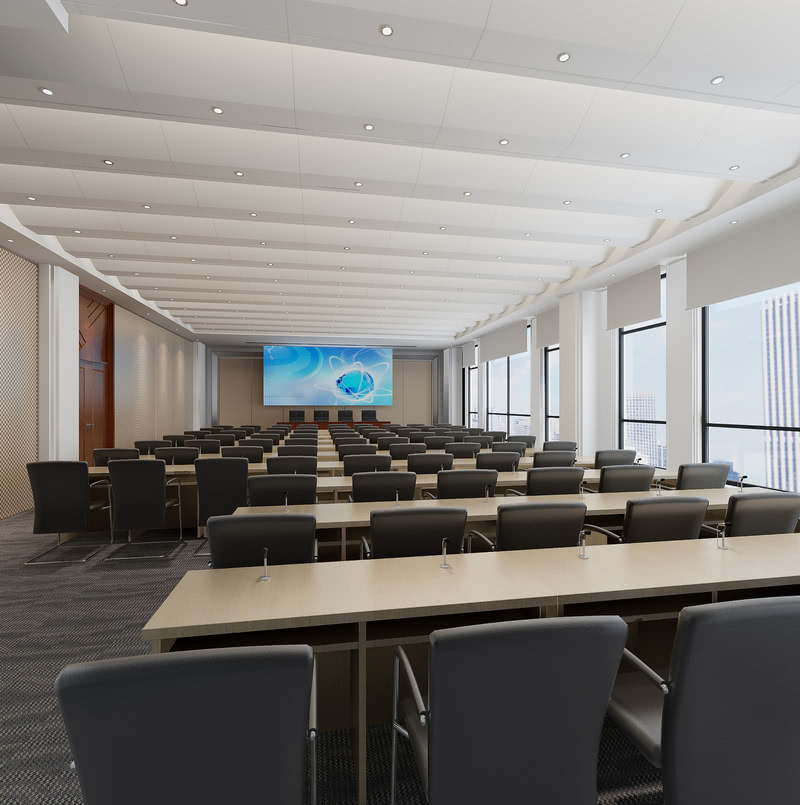 大会议室地面采用办公地毯减少混响。吊顶的横向造型，能够视觉上减少空间的狭长感。办公桌椅简洁实用。