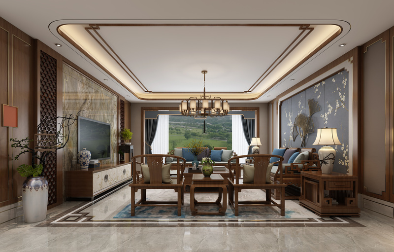 客厅首先映入眼帘就是古朴且大方的玳瑁色，以此为主要色调，同色调的家具给空间营造出一个大气稳重的氛围。