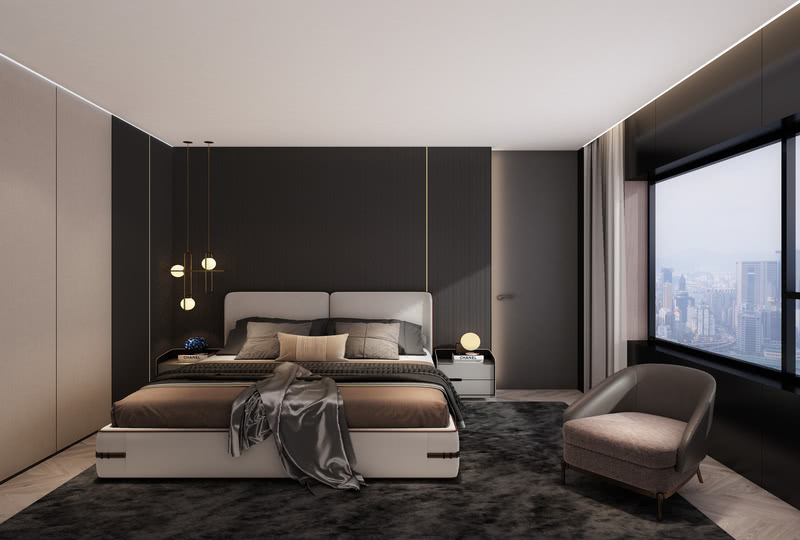 床头创意灯增添空间的活力，软饰搭配使空间典雅大气的气息扑面而来。