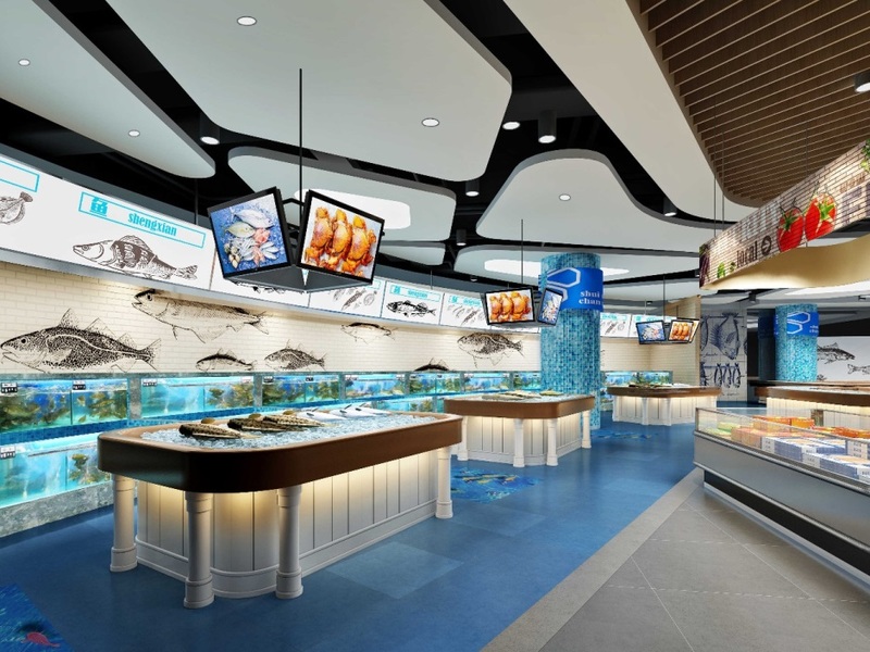生鲜区，顶部酷似鱼类造型，墙面活泼生动的鱼类图案，柱面蓝色马赛克形成水波效果。