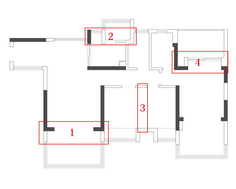 原始结构图：

由图可以看出：
1，客厅太小，在阳台使用功能满足的情况下，可用部分阳台空间扩大客厅，承重墙部分利用起来做柜子，提高空间使用功能
2，厨房太小，小阳台并入厨房，增大空间利用率
3，砌墙隔出两间卧室
4，卧室隔墙打掉，做个衣帽间，整个空间更通透，采光更好