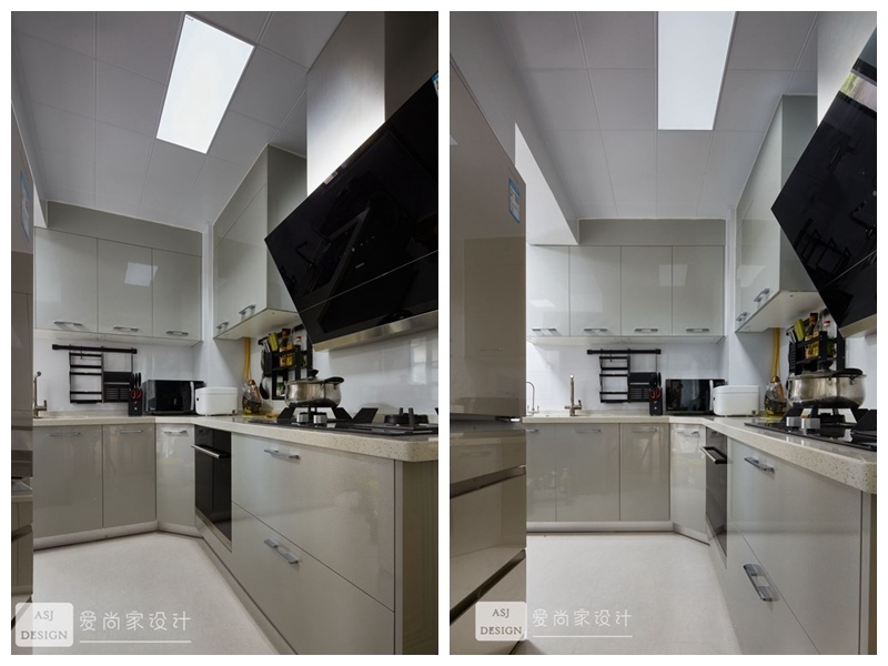 厨房并入小阳台后，空间扩大了，采光也更好，L型的厨房布局，更充分利用空间，大面积白色瓷砖的应用，提亮空间。