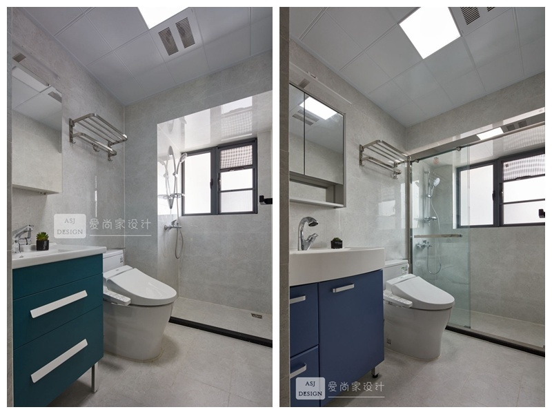两个卫生间浅色砖来提亮空间，洗手台柜子的颜色作为点缀，功能颜值兼具，细框门的使用提升整个空间颜值。