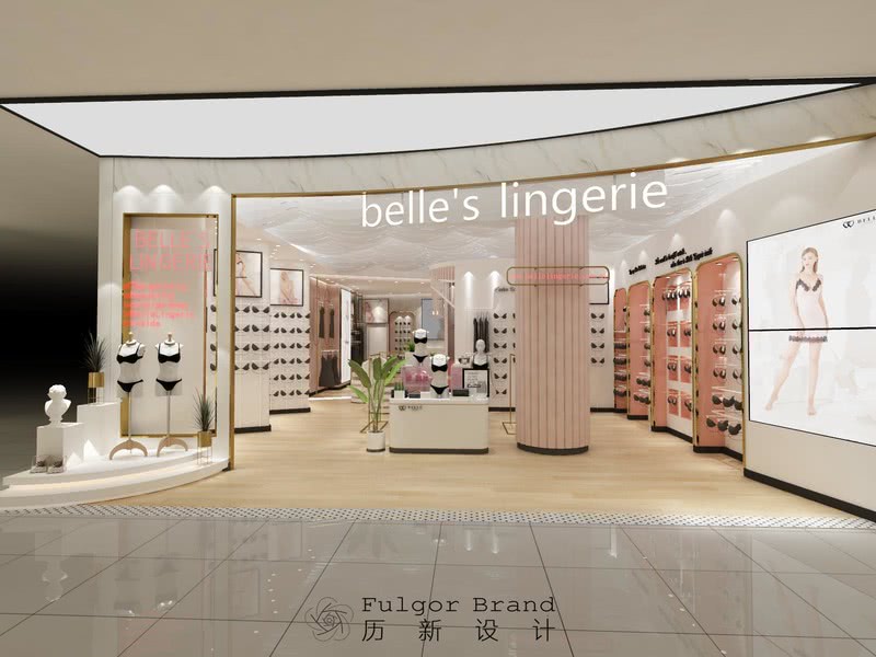 ▲belle 's lingerie店铺门头设计

品牌定位是比较时尚、中高端的，无钢圈内衣正是是新时代的内衣的体现，所以在店铺设计上也会用一些新时代元素来点缀。