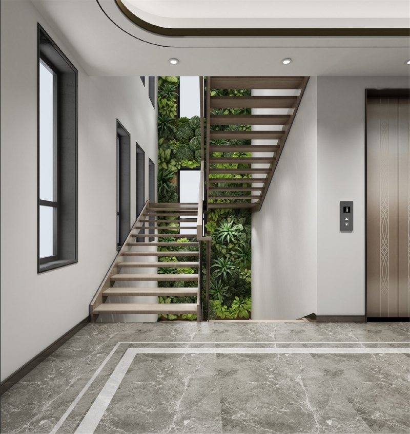 正对楼梯的部分做了一个贯穿花园层到二层的绿植墙，鲜活的植物改善了过于冷静的现代氛围，同时起到净化空气的作用。楼梯用钢板做了镂空的设计，弱化楼梯量感，尽可能展现绿植的活力。