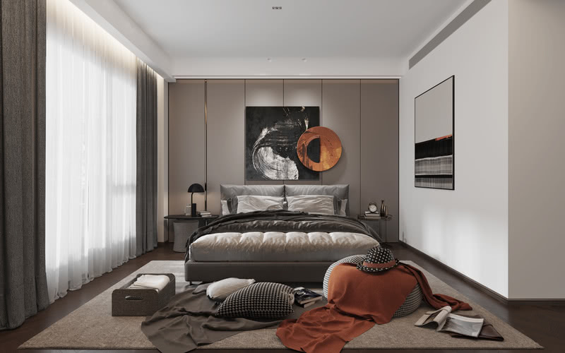 主卧设计是为了创造一个属于个人的温馨环境，灰色的窗帘和薄纱的应用添加了优雅，在黑白灰的空间搭配了橙色让卧室氛围欢快活泼。