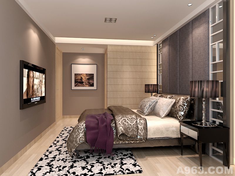 主人房沿用客厅的简约中式风格，以布材质作床头背景软包，使空间软化，同时使主人房更加温馨