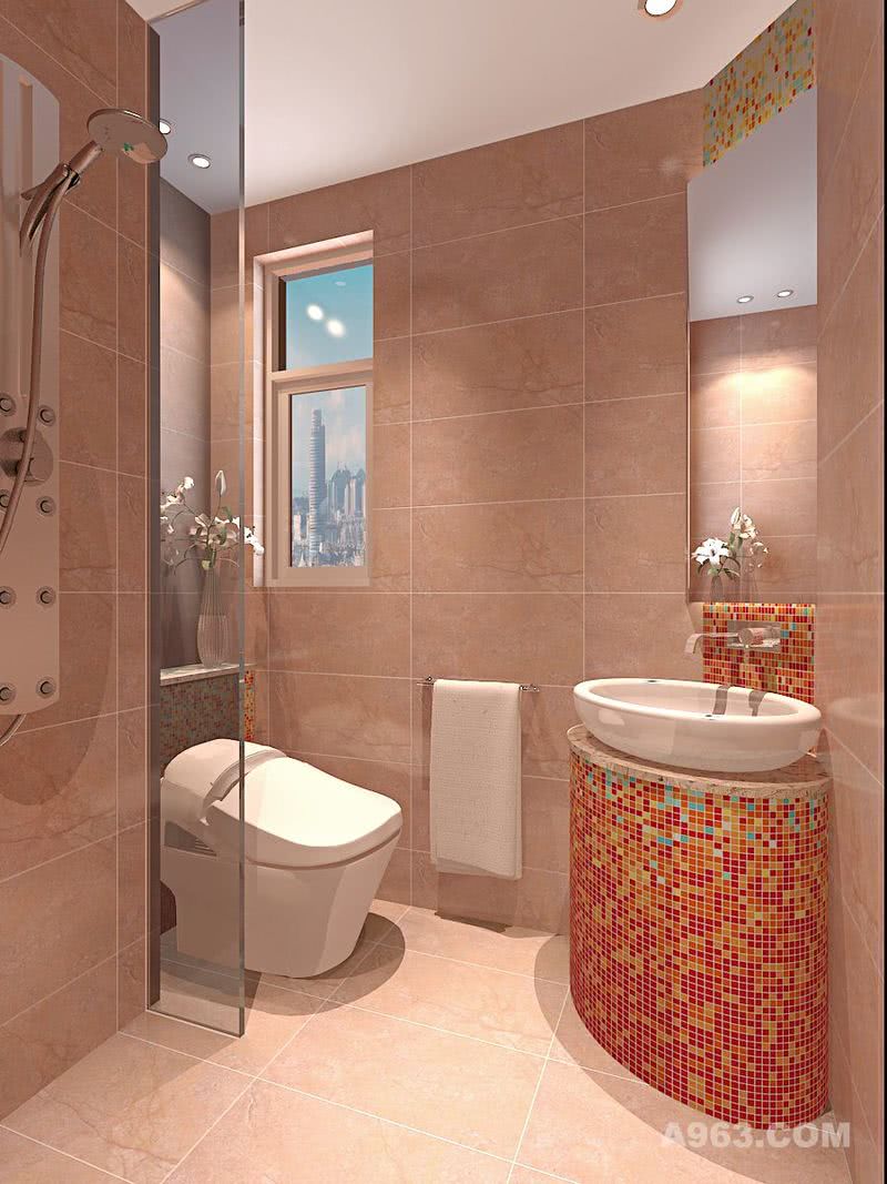 厕所采用了暖色系的墙砖，花纹马赛克点缀空间。