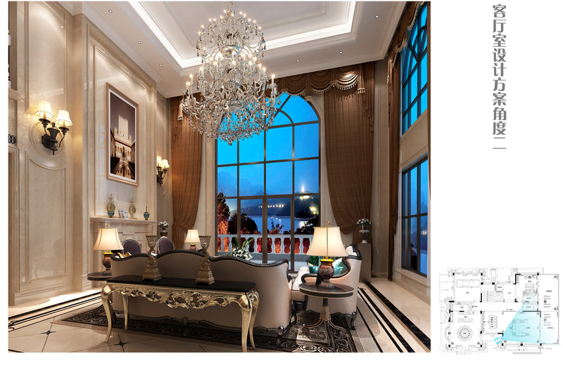客厅挑空，以暖色调氛围体现舒适、通过硬装暖色大理石材质与欧式家具体现出奢华及高档