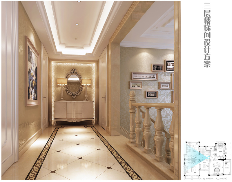 走廊处以传统石材与欧式壁布凸显整体风格，用走廊水刀铺装元素加强风格