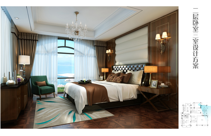 卧室主要以实木地板及墙面装饰板及软装增加卧室整体氛围