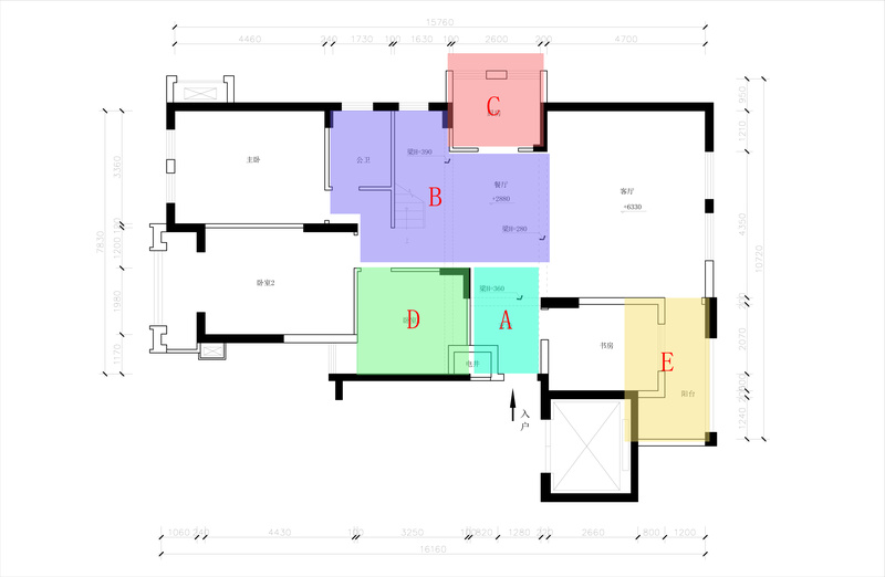 A:提升玄关空间
B：楼梯去除D区域，空间区域可将窗户完全利用起来；拓宽过道的宽度，可将餐厅和客厅区域分隔。
C：厨房外墙延伸，可有效让厨房空间更大，同时也将客厅和餐厅区域进行了分隔
D：本身此区域无窗户，因此十分适合作为合作为楼梯间使用，在楼梯下方亦可增加储物空间。